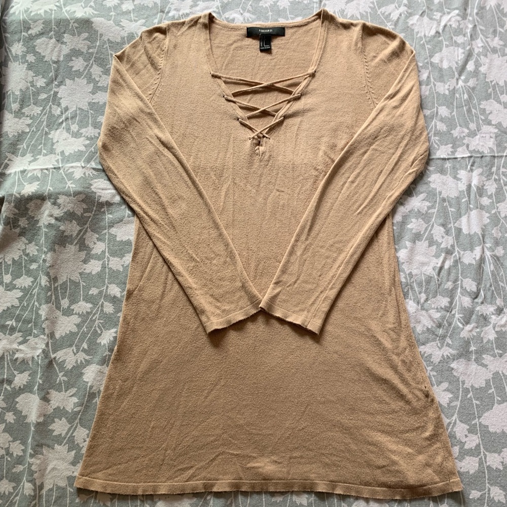 Forever 21 lace up front v-neck sweater dress S